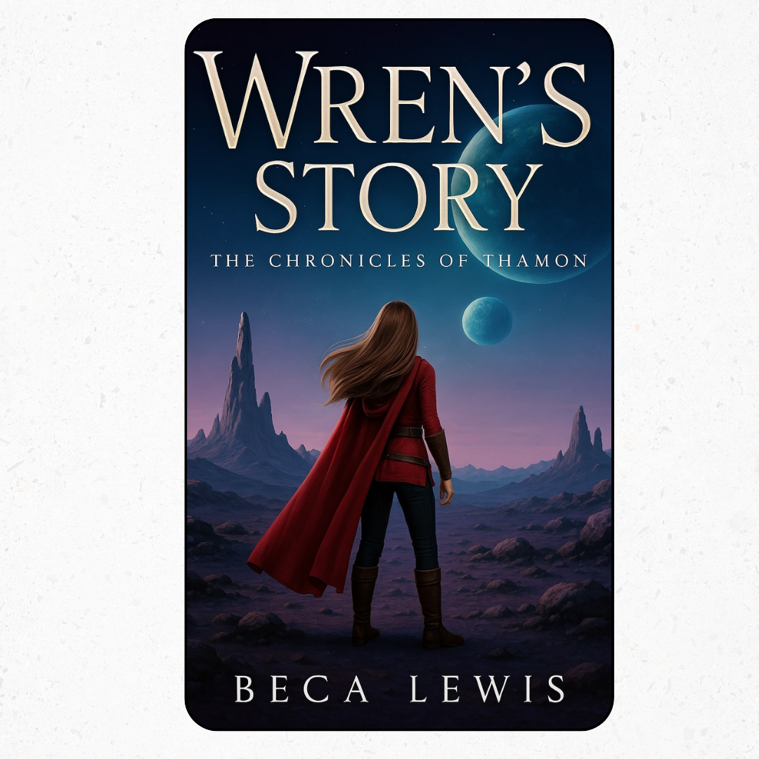 Book cover of 'Wren's Story' by Beca Lewis with a character in a red cloak facing alien landscapes.