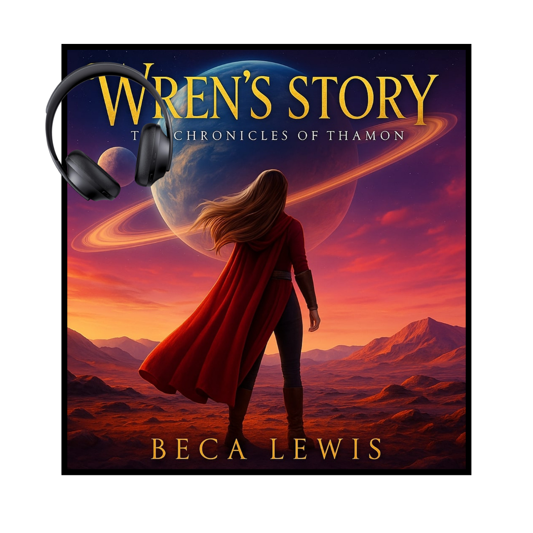 Book cover of 'Wren's Story' by Beca Lewis with a person in a red cloak and headphones.