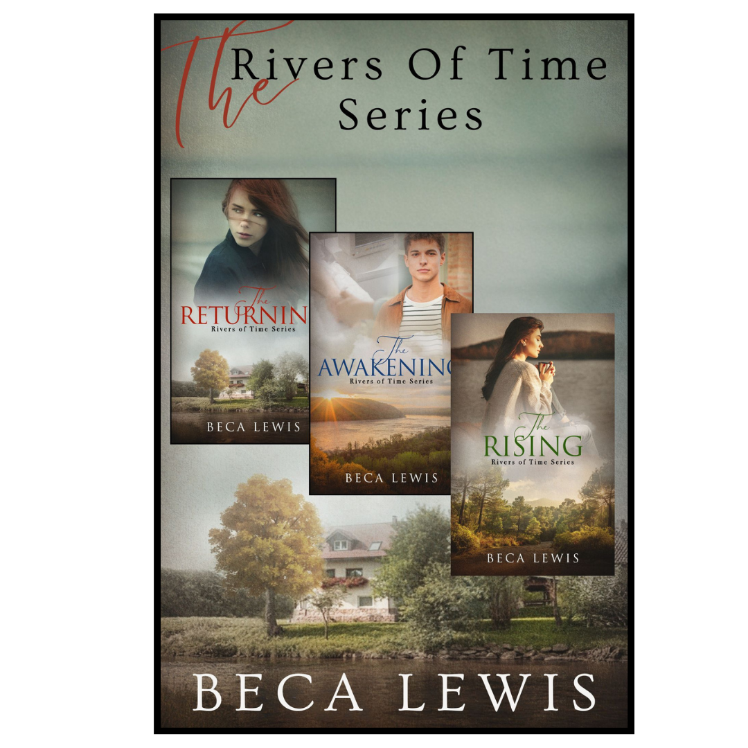 Promotional graphic for 'The Rivers Of Time Series' by Beca Lewis featuring book covers and a scenic background.