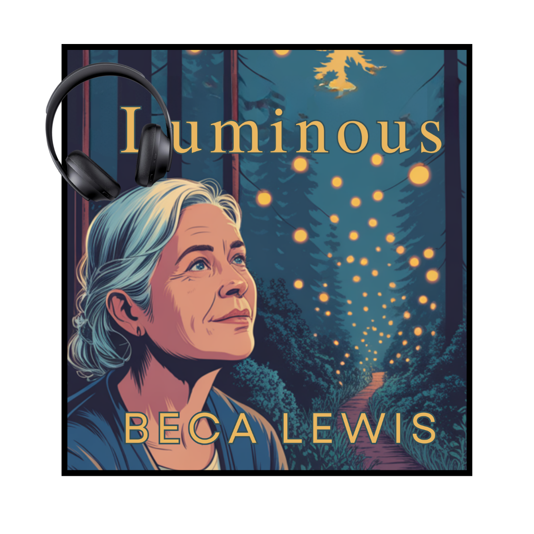 Album cover for 'Luminous' by Beca Lewis with a bench in a forest setting, woman on bench, contemplating life.