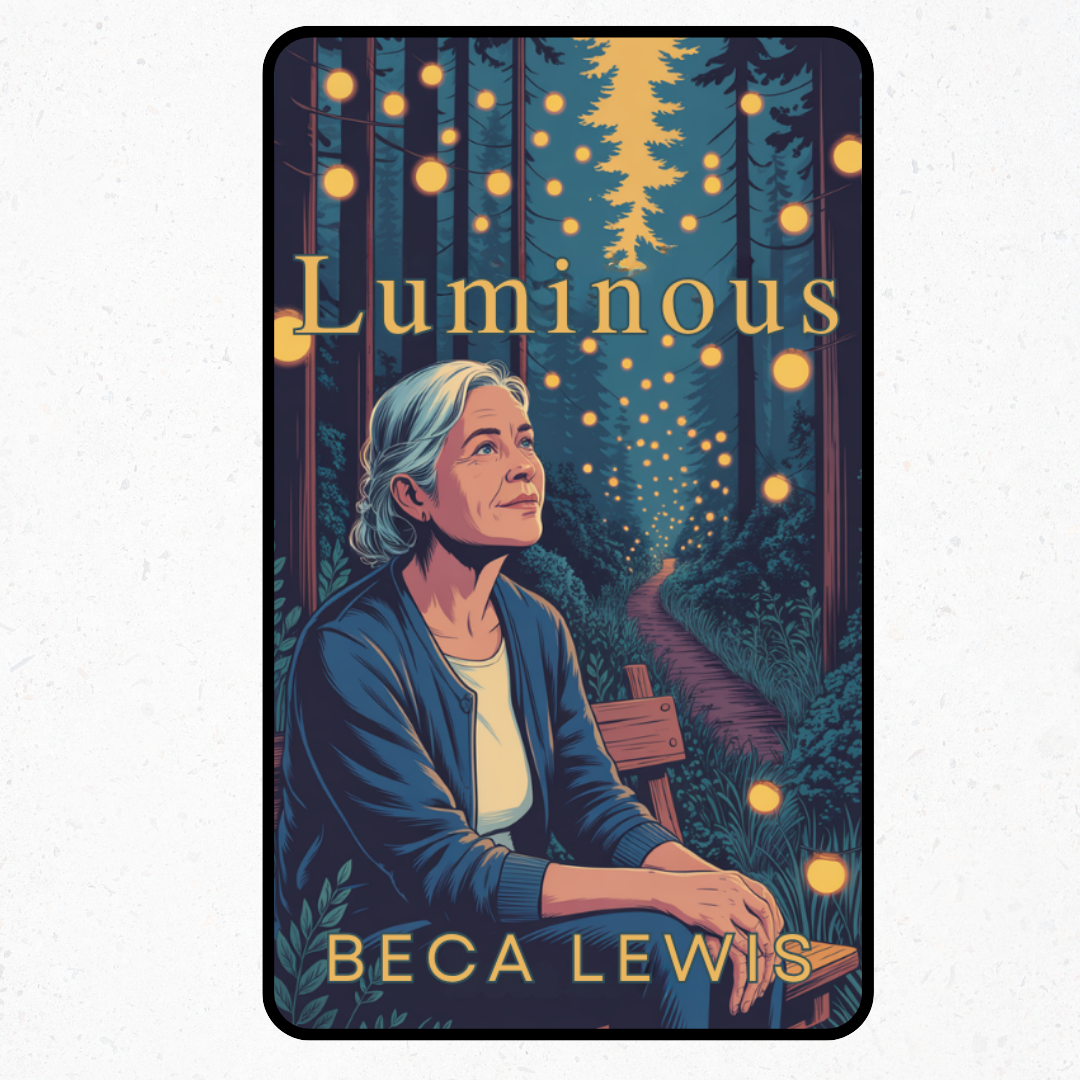 Book cover of 'Luminous' by Beca Lewis with a bench in a forest at night. Older woman contemplating the mysteries of life.
