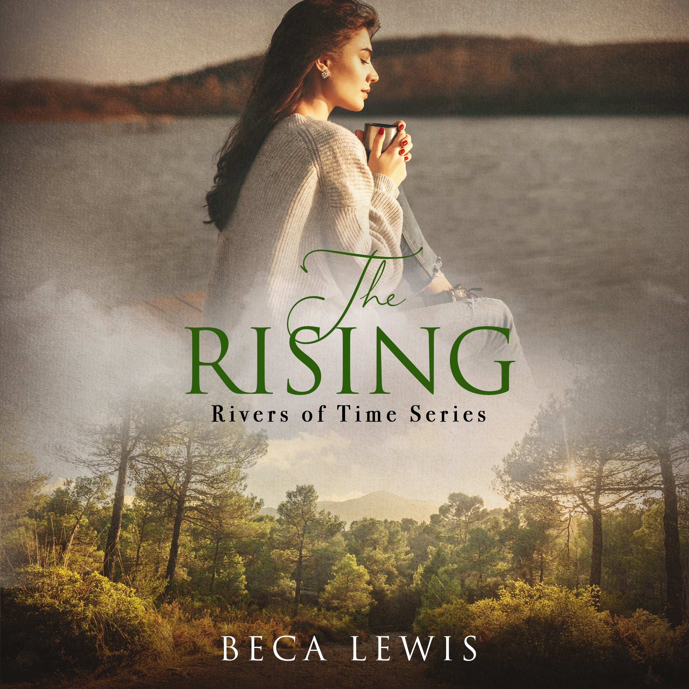 Audiobook cover of 'The Rising' from the 'Rivers of Time Series' by Beca Lewis, featuring a woman by a lake.